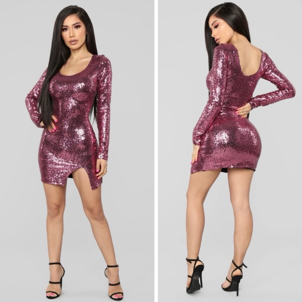 Fashion Nova Pink Sequin Long Sleeve Bodycon Dress
